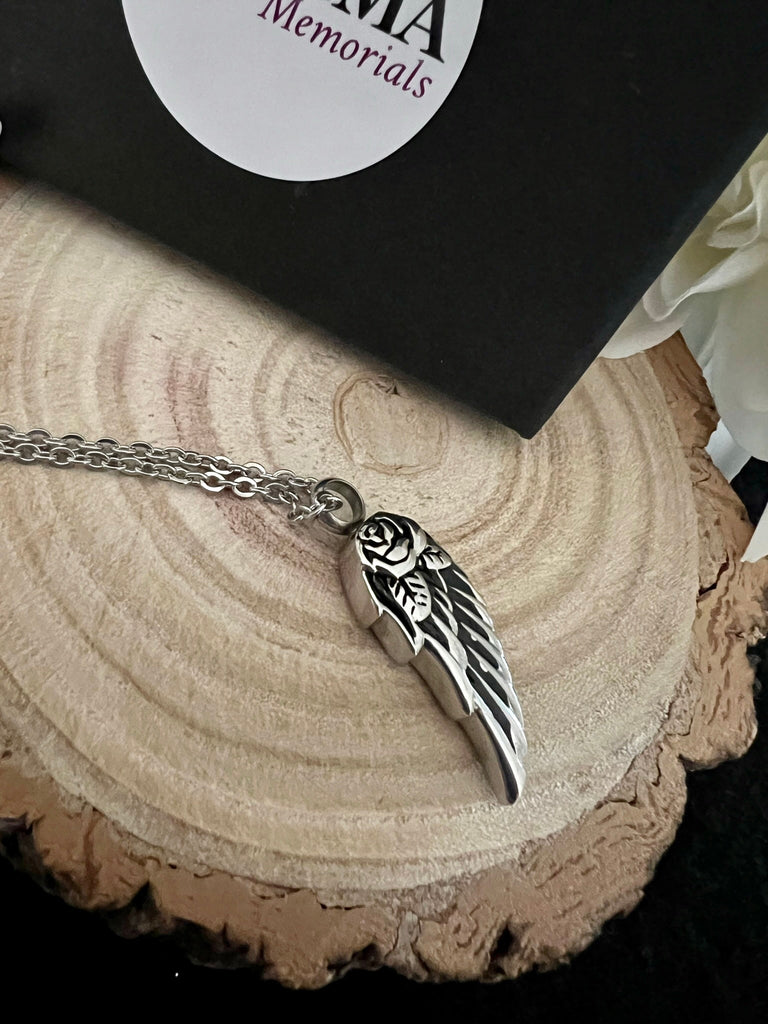 Angel Wing with Rose - Cremation Keepsake Pendant for Ashes PRAGMA - Cremation Jewellery & Urns  Cremation Jewellery cremation necklace