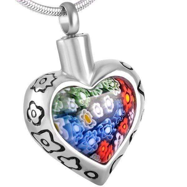 Floral Glass Heart Pendant - Necklace for Cremation Remains - PRAGMA - Cremation Jewellery & Keepsakes