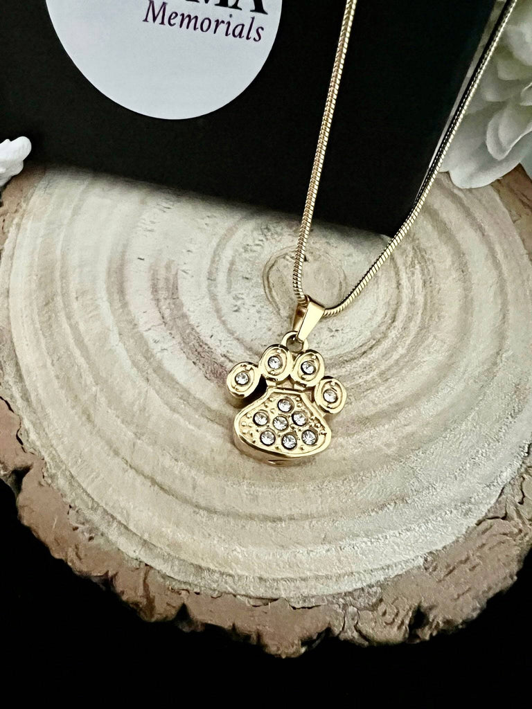 gold crystal paw print pendant necklace for pet ashes pragma cremation jewellery urns cremation jewellery