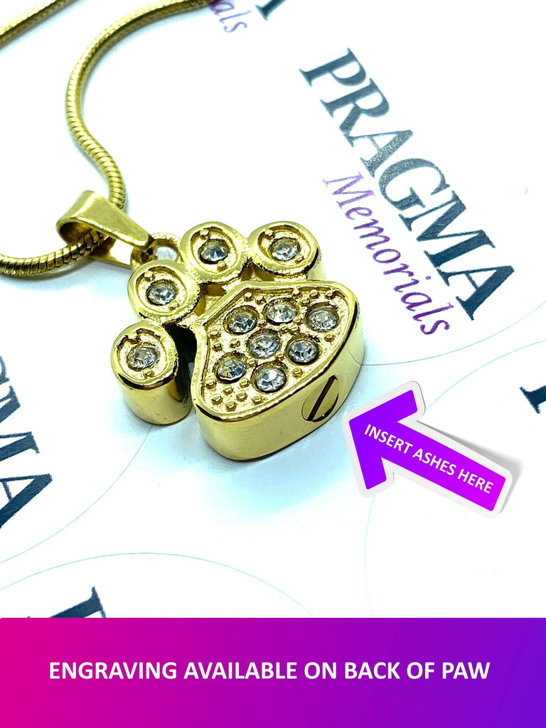 Gold & Crystal Paw Print - Pendant Necklace for Pet Ashes PRAGMA - Cremation Jewellery & Urns  Cremation Jewellery cremation necklace
