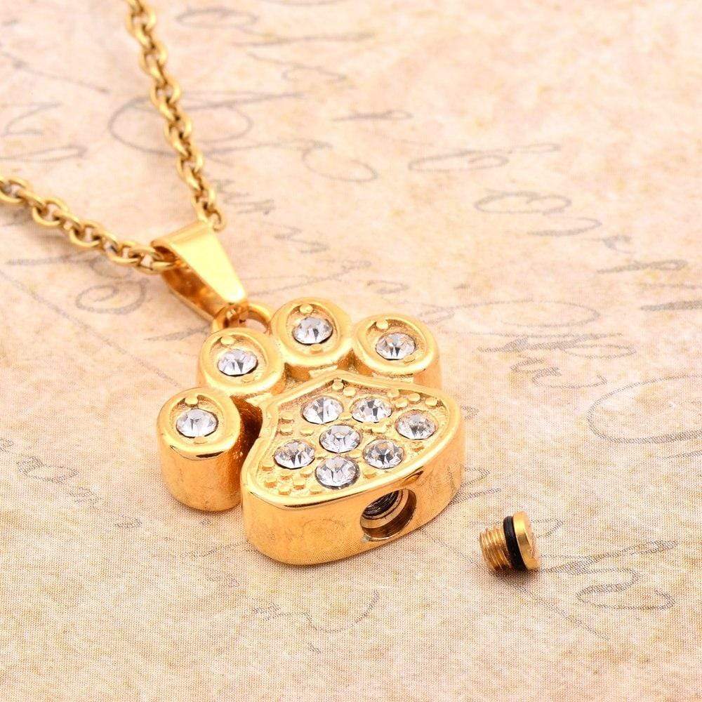 Gold & Crystal Paw Print - Pendant Necklace for Pet Ashes - PRAGMA - Cremation Jewellery & Keepsakes
