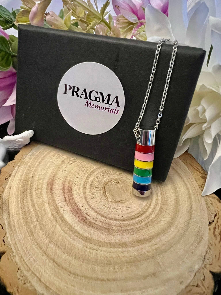 Rainbow Multi-Coloured Cylinder Ashes Pendant Pragma-memorials cremation necklace