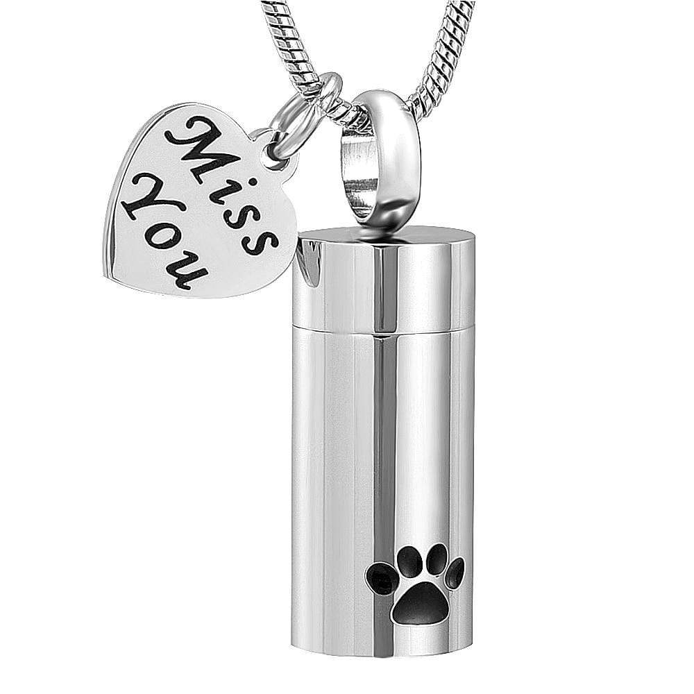 Silver Pet Heart Paw Print Cylinder Pendant - Keepsake for Pet Ashes - PRAGMA - Cremation Jewellery & Keepsakes