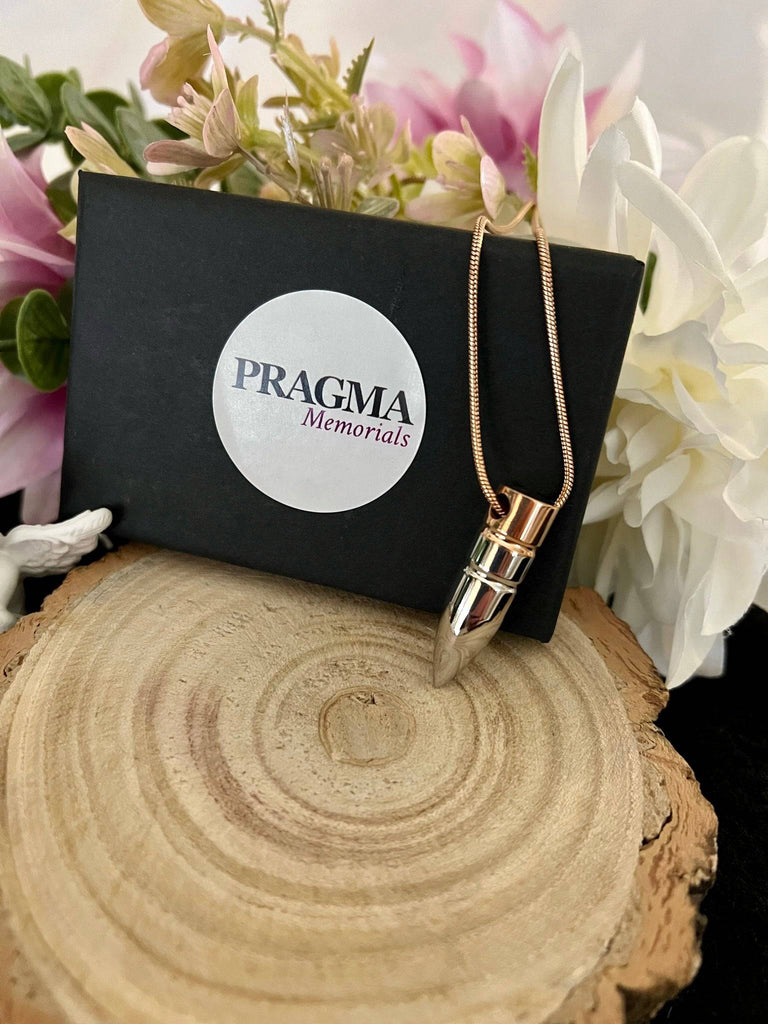 Silver & Rose-Gold Bullet Pendant for Cremation Ashes PRAGMA - Cremation Jewellery & Keepsakes Cremation Jewellery cremation necklace